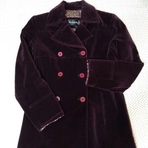Kenneth Cole Women's Lined Velvet Velour Pea Coat Maroon Front Pockets Small